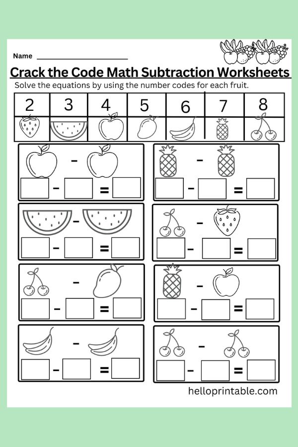 Crack the code - solve math subtraction equations by using fruits as numbers basic numbers 2 to 8 