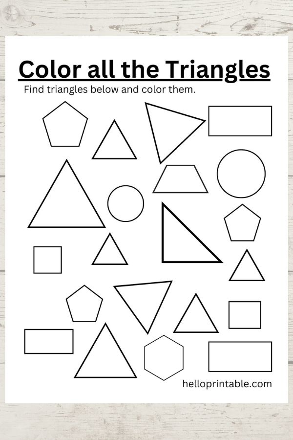 Find and color triangles - shapes worksheet for preschool and kindergarten.