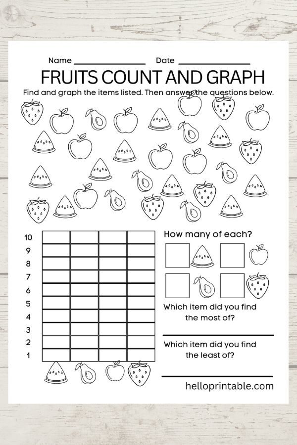 Fruits count and graph worksheet for kindergarten math 