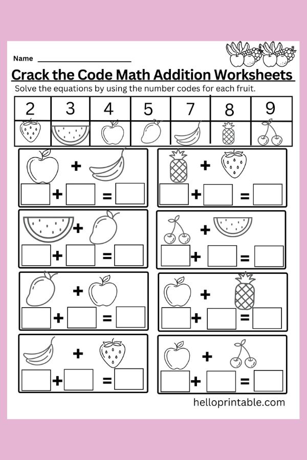Crack the code - solve math addition equations by using fruits as numbers basic numbers 2 to 9 