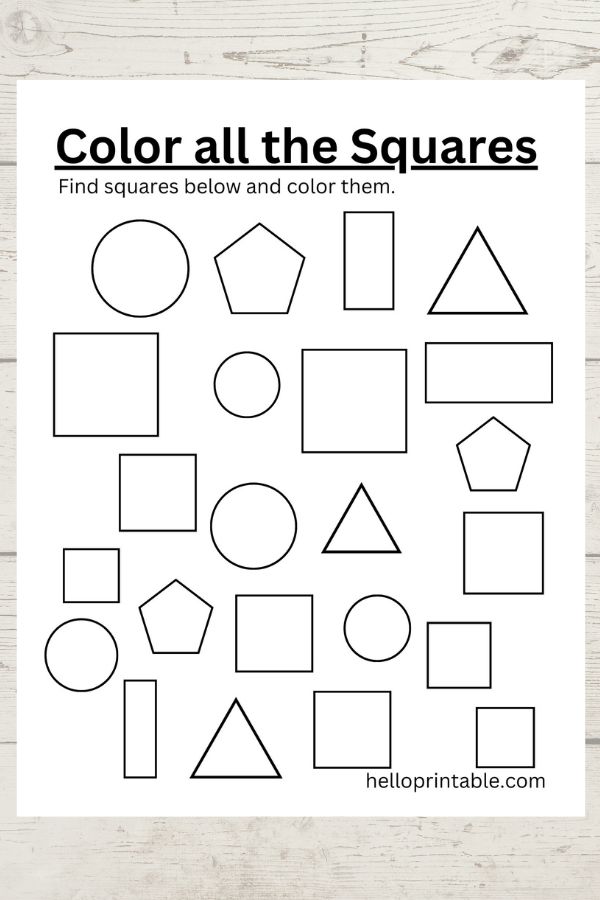 Find and color squares - shapes worksheet for preschool and kindergarten.