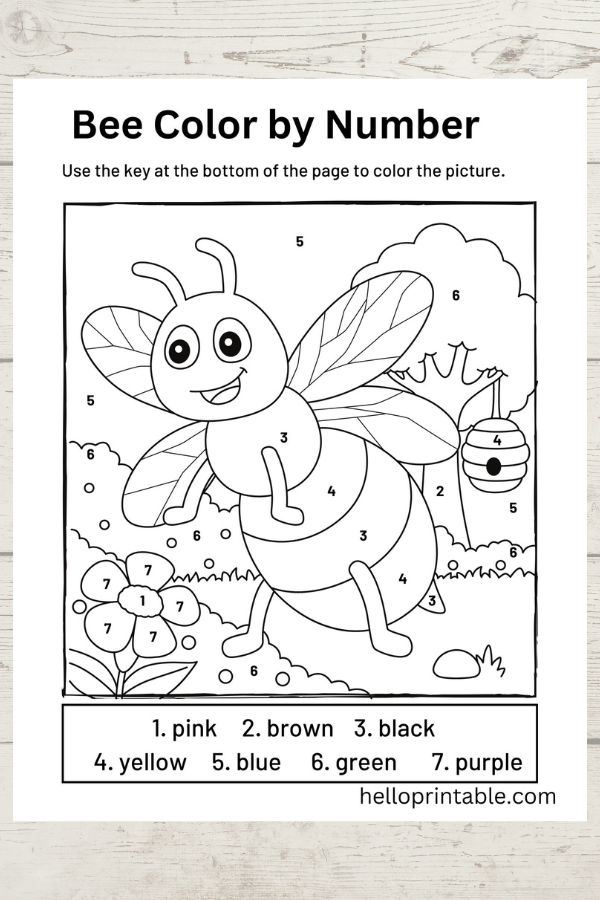 Honey bee color by number free coloring sheet printable - color game activity 