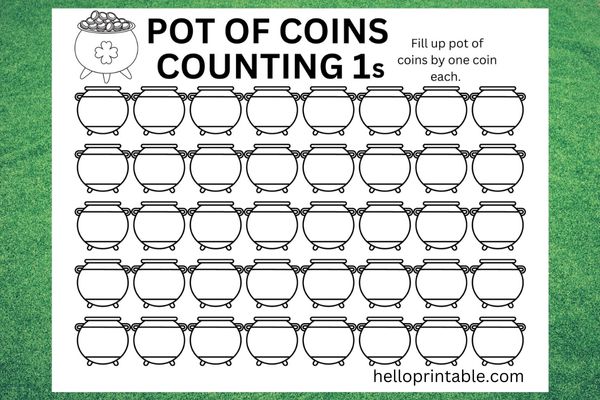 St Patrick day march worksheets - pot of coins counting worksheets for kindergarten