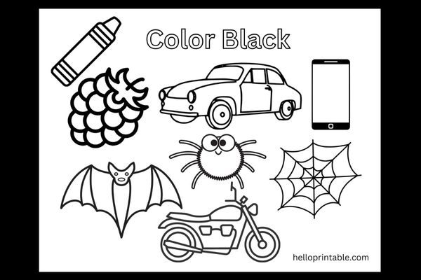 Black color objects coloring page for preschool and kindergarten kids