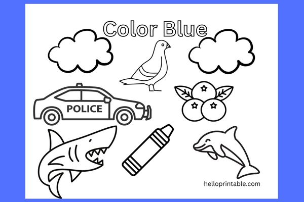 Blue color objects coloring page for preschool and kindergarten kids