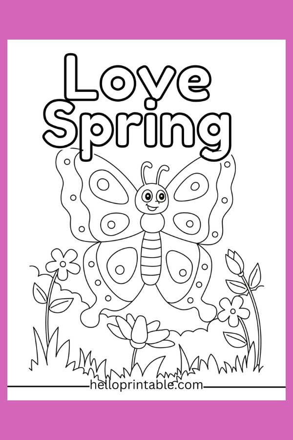 Butterfly in a garden spring coloring page