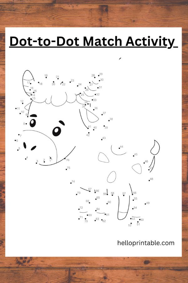 Cow dot to dot worksheet for kids -free printable 