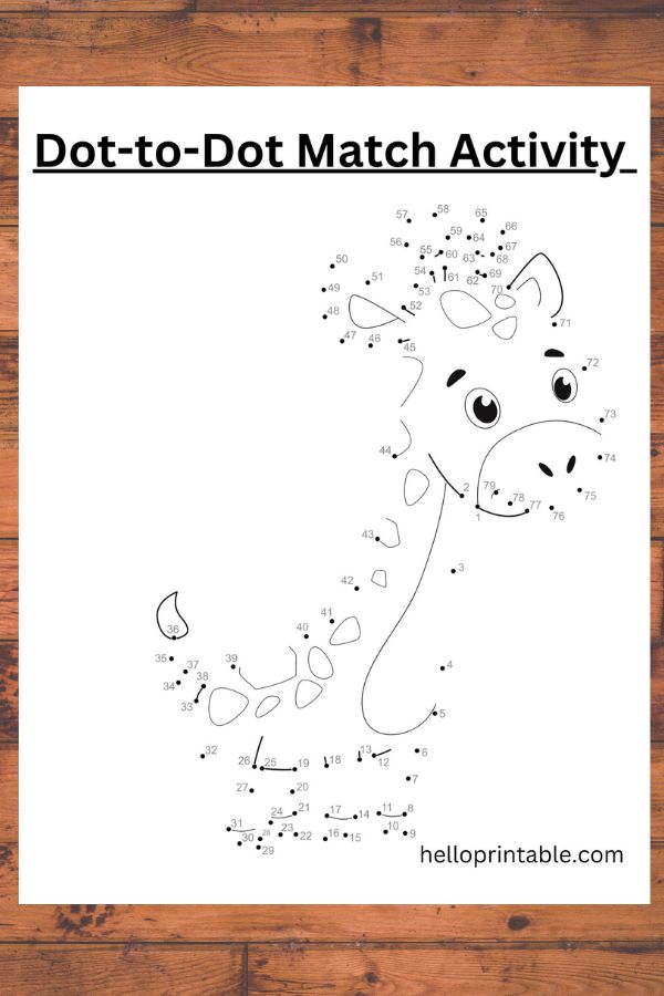 Giraffe animal dot to dot worksheet for kids -free printable