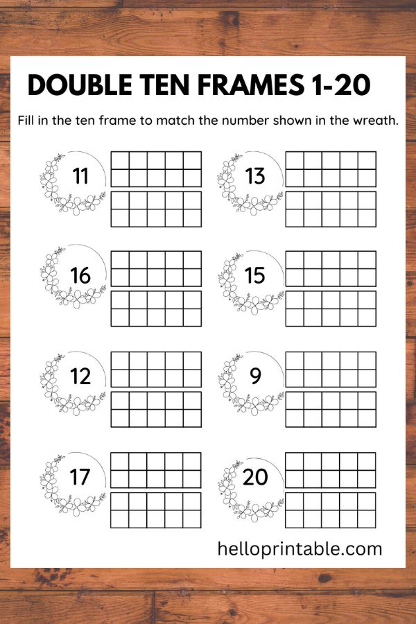 Ten frames number worksheet 1 to 20  -free printable 