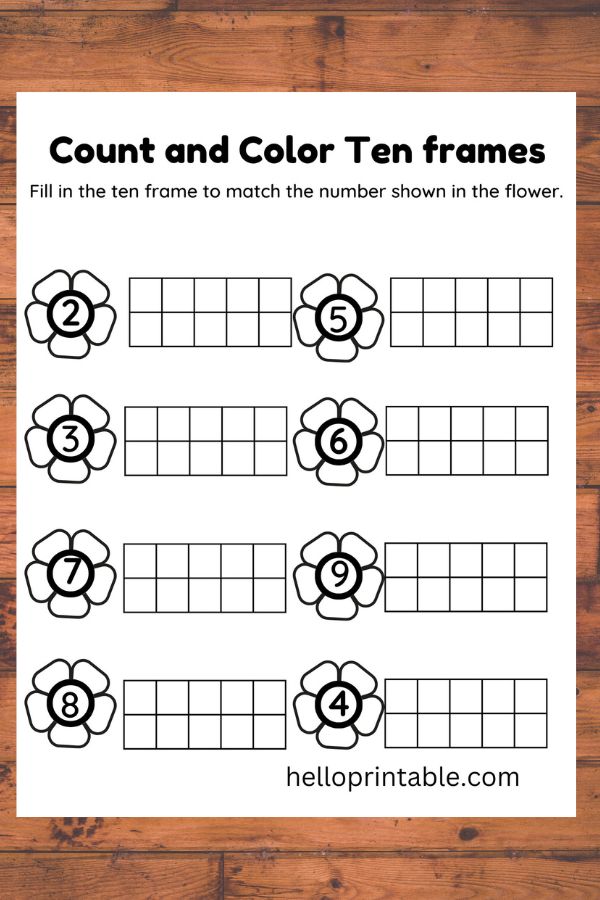 Count and color ten frame flower theme worksheet for kids - free printable sheet 