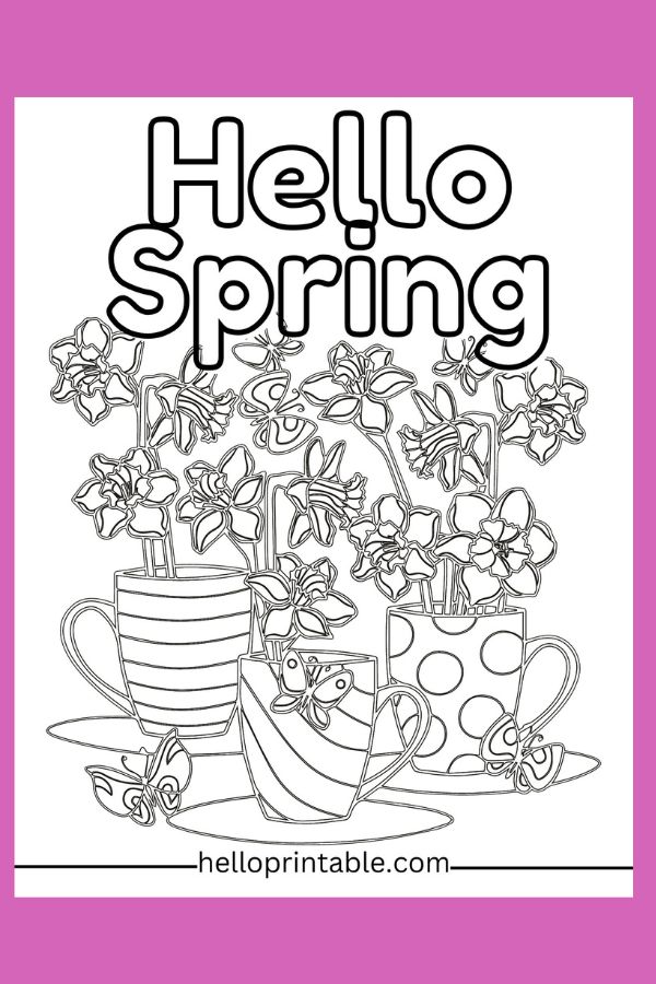 Flowers in tea cups spring coloring page