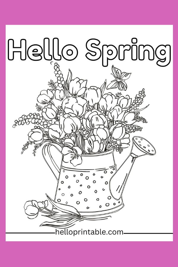 Flowers in watering can spring coloring page