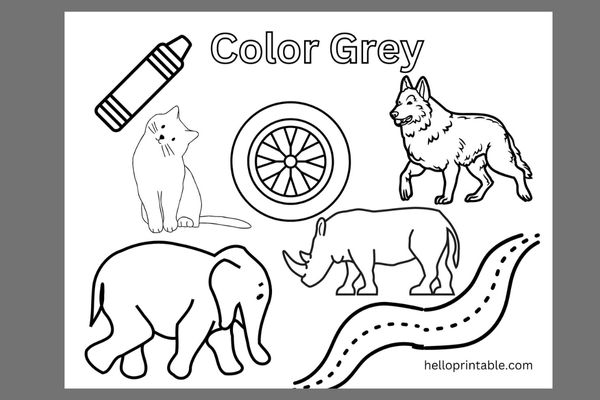 Grey color objects coloring page for preschool and kindergarten kids