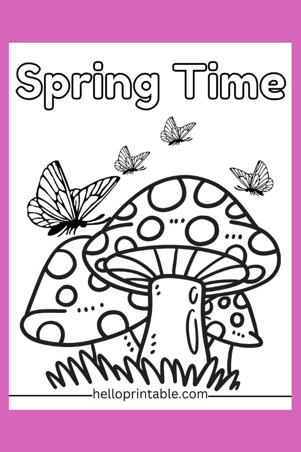 Mushrooms and butterfly spring coloring page