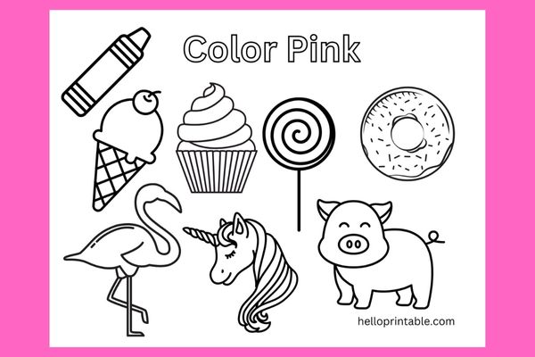 Pink color objects coloring page for preschool and kindergarten kids