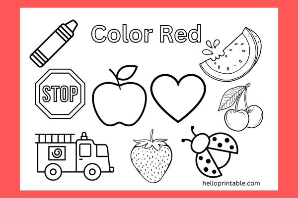 Red color objects coloring page for preschool and kindergarten kids