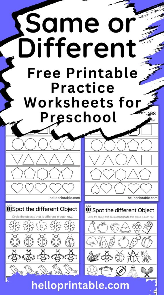 Spot the difference in a group of objects preschool worksheets