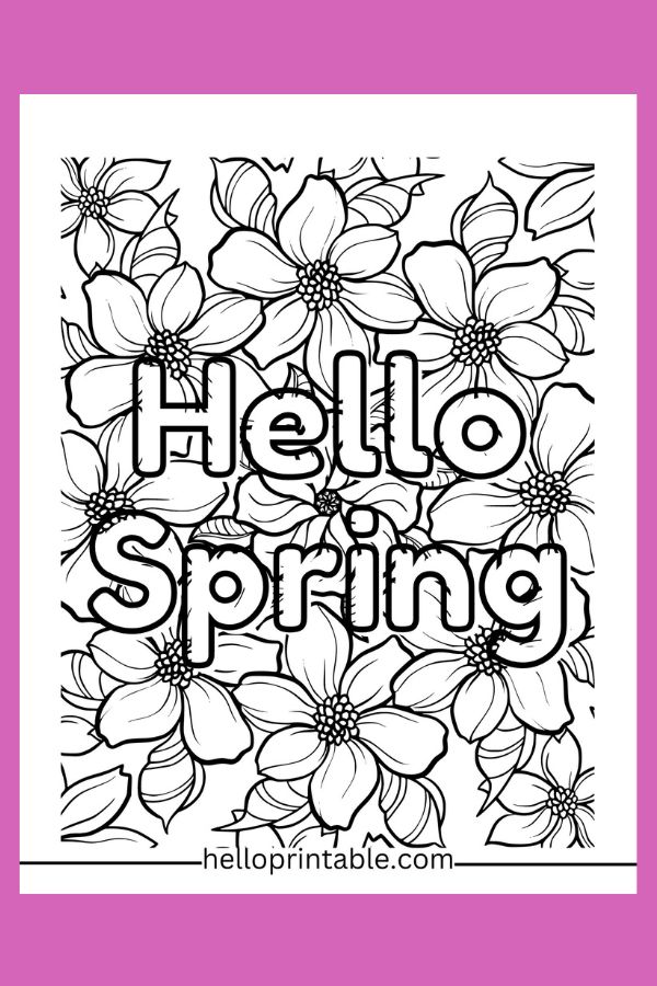 Flowers hello spring coloring page