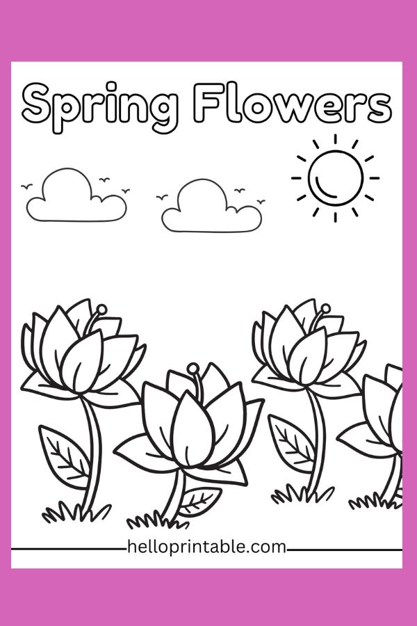 Flowers and sun spring coloring page