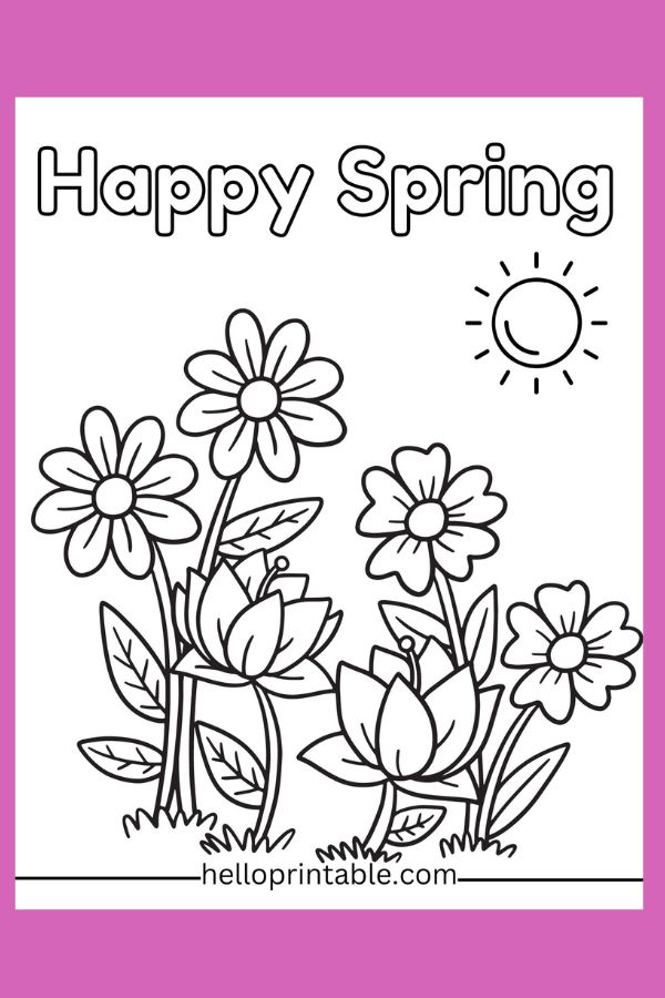 Happy spring flowers and sun coloring page