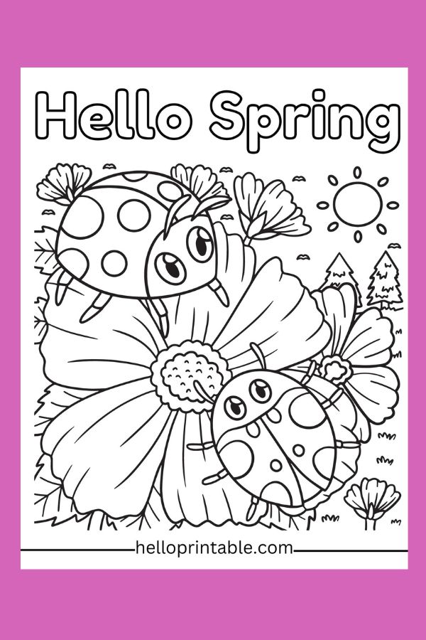 flowers and lady bug spring coloring page 
