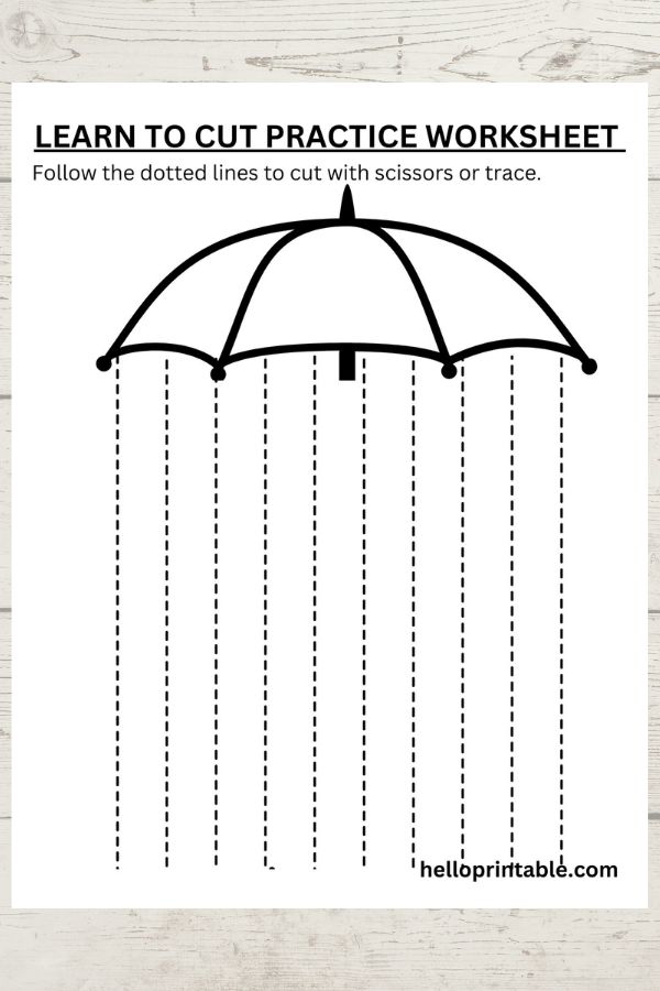Umbrella themed straight lines cutting practice worksheets for preschool and kindergarten 