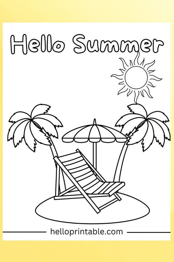 summer coloring page , palm trees, beach chair, sun shining 
