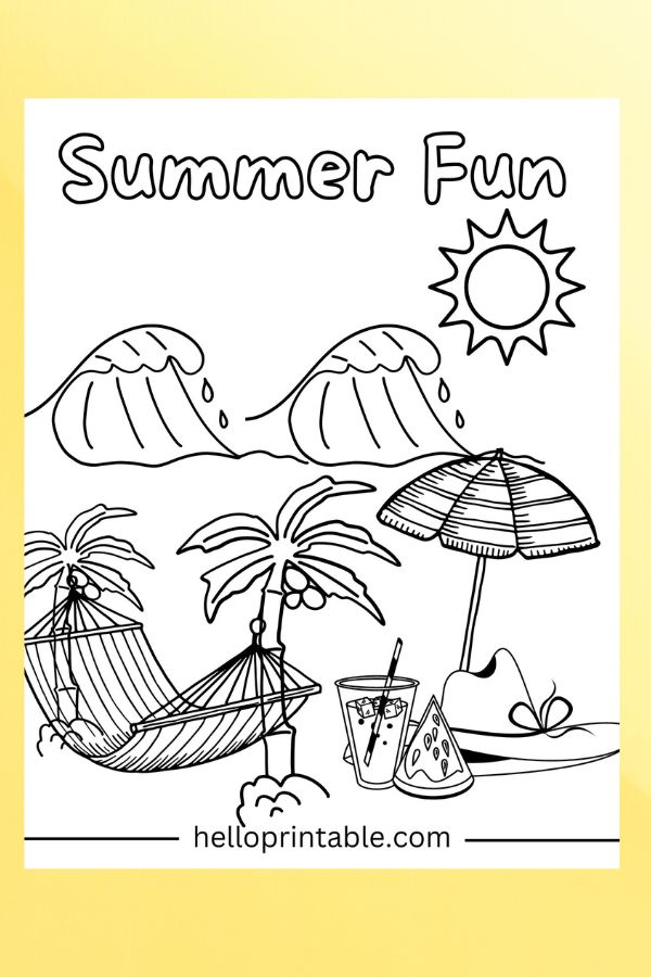 Summer coloring page - sun, hammock, beach waves, palm trees 