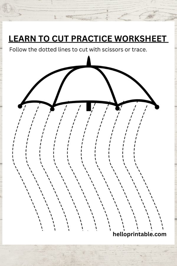 Umbrella themed wavy lines cutting practice worksheets for preschool and kindergarten 