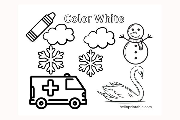 White color objects coloring page for preschool and kindergarten kids