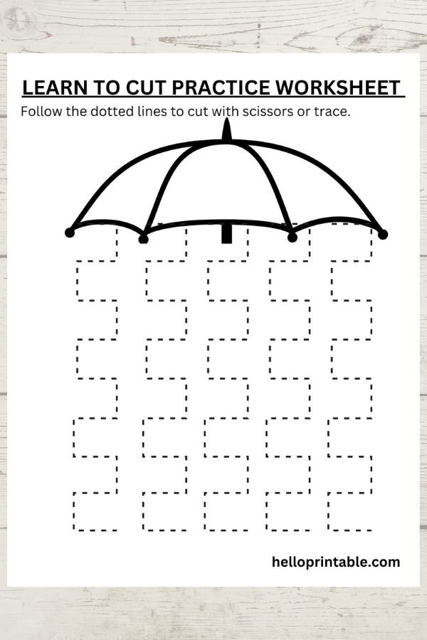 Umbrella themed square zig-zag lines cutting practice worksheets for preschool and kindergarten 
