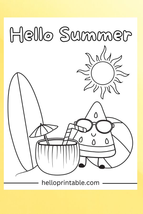summer coloring page for kids , sun surf board, watermelon etc 