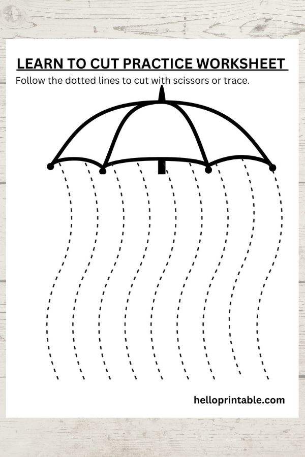 Umbrella themed wavy lines cutting practice worksheets for preschool and kindergarten 