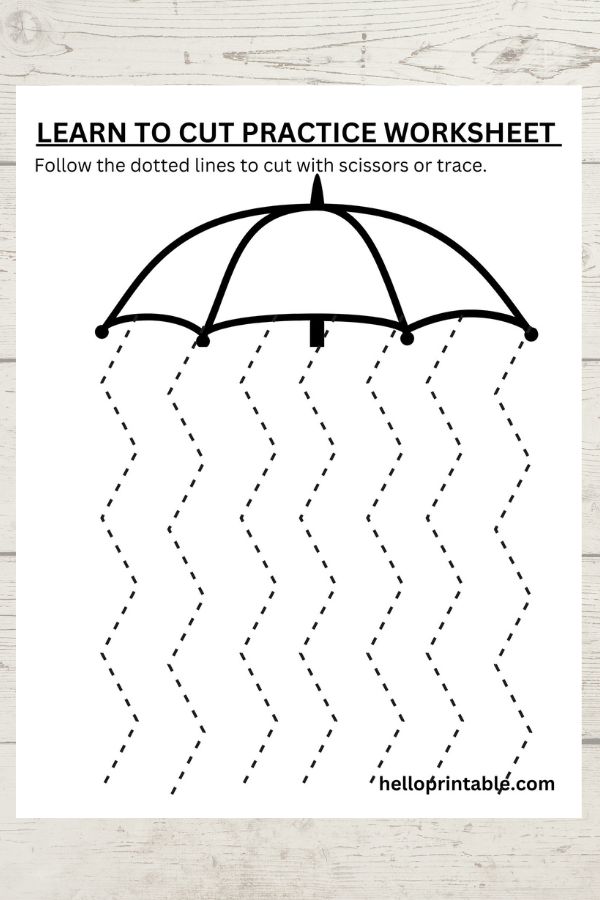 Umbrella themed zig zag lines cutting practice worksheets for preschool and kindergarten 
