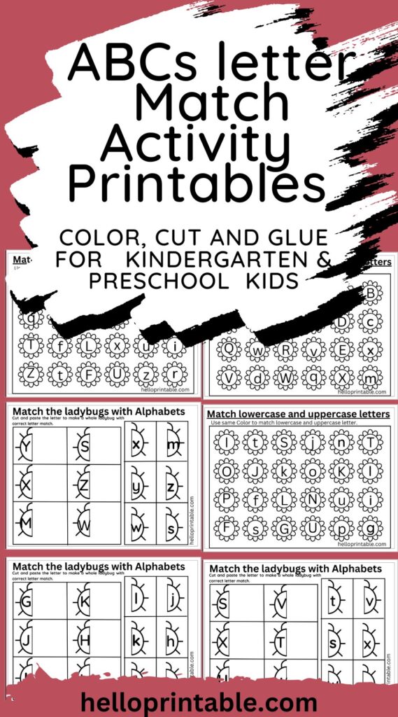 ABC match with upper case and lowercase letters , coloring, cutting and pasting activity free printable worksheet for preschool and kindergarten kids 