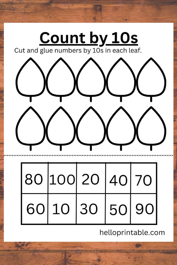 Counting by 10s printable worksheet - cut and glue numbers 10 till 100