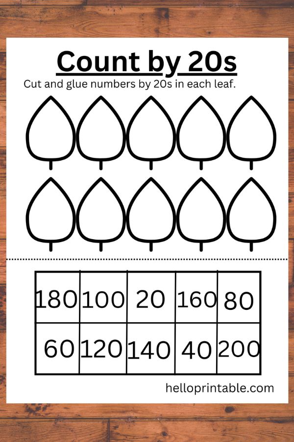 Counting by 20s printable worksheet - cut and glue numbers 20 till 200 