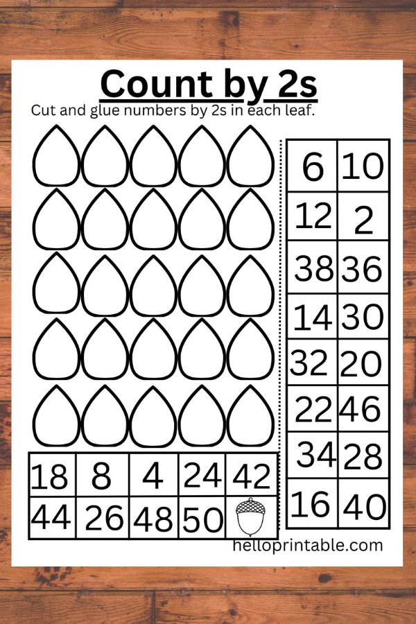 Counting by 2s printable worksheets. Cut and glue numbers from 2 till 50 