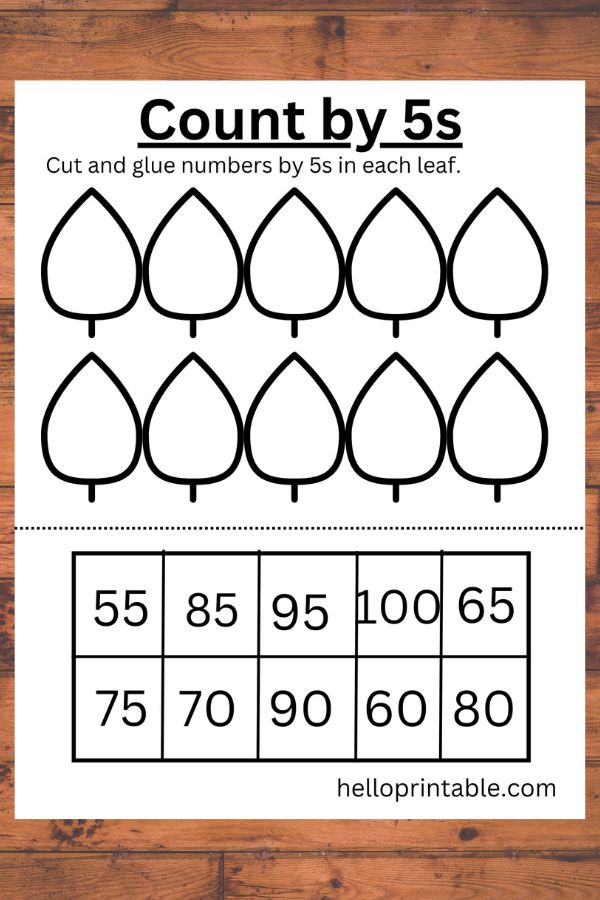 Counting by 5s printable worksheet - cut and glue numbers 55 till 100