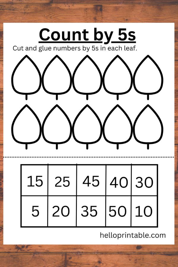 Counting by 5 printable worksheet - cut and glue numbers 5 till 50 
