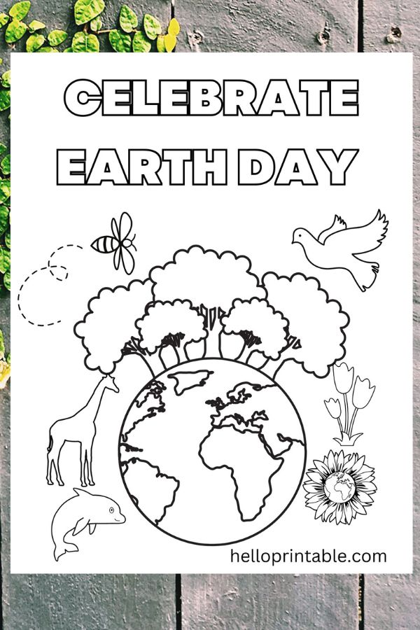 Earth with trees, animals and plants, earth day coloring page 