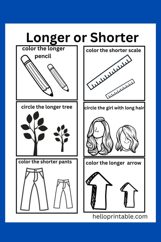 Long or short worksheets for kindergarten - free printable every day items comparison worksheet