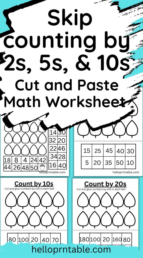 counting by 2s, 5s, 10s, and 20s cut and paste math worksheet for kindergarten and grade 1