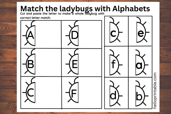 A, B, C, D, E, F Letter match cut and glue activity to make a whole ladybug - preschool and kindergarten activity