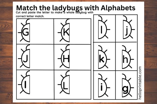 G, H, I, J, K, L  Letter match cut and glue activity to make a whole ladybug - preschool and kindergarten activity