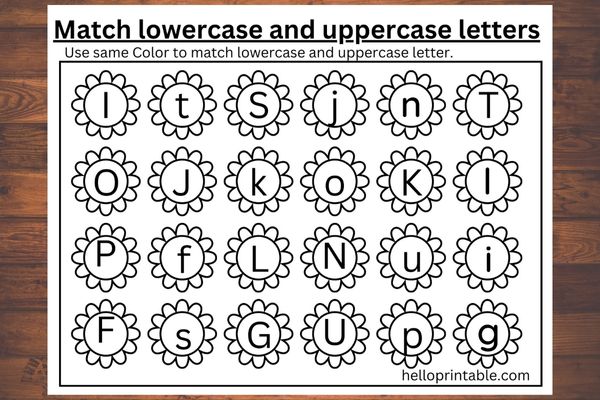 Match alphabets uppercase and lowercase with same color - printable activity for preschool and kindergarten kids