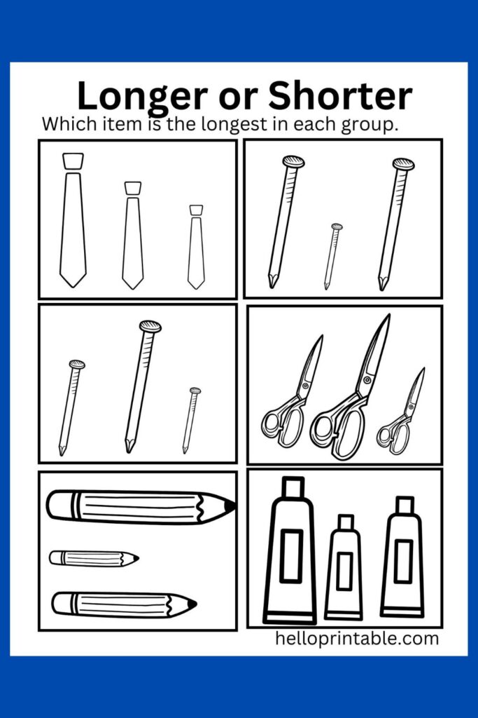 which one is the longest item in the group. Long or short comparison worksheet