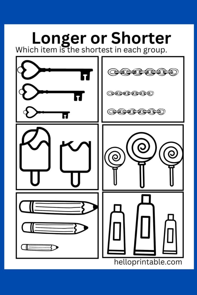 which one is the shortest item in the group. Long or short comparison worksheet