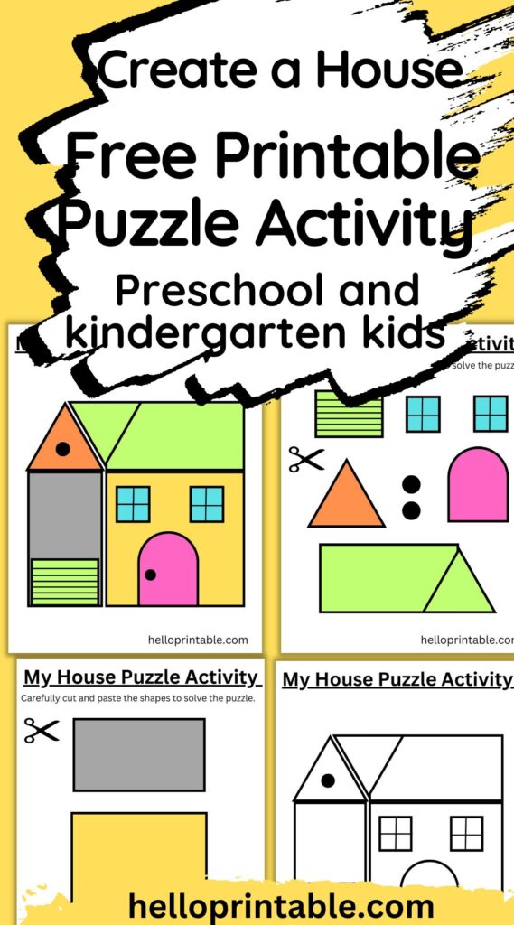 Create a house with cut and paste shape activity - Free printable puzzle activity for kids 