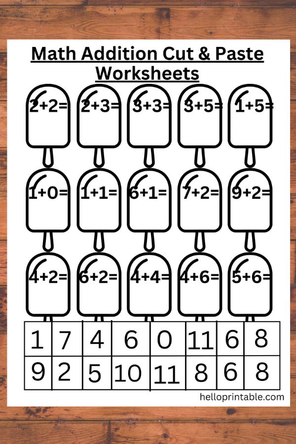 ice cream themed math addition cut and paste worksheet for kindergarten kids - free printable 